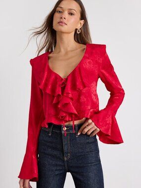 Lulus Esmina Red Jacquard Ruffled Tie-front Top - Size L